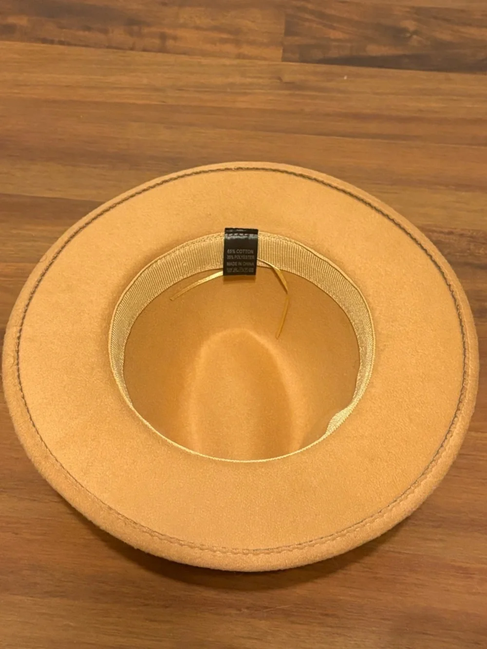 Camel Wide Brim Fedora Hat Tan Felt Panama Style with Buckle Belt Detail